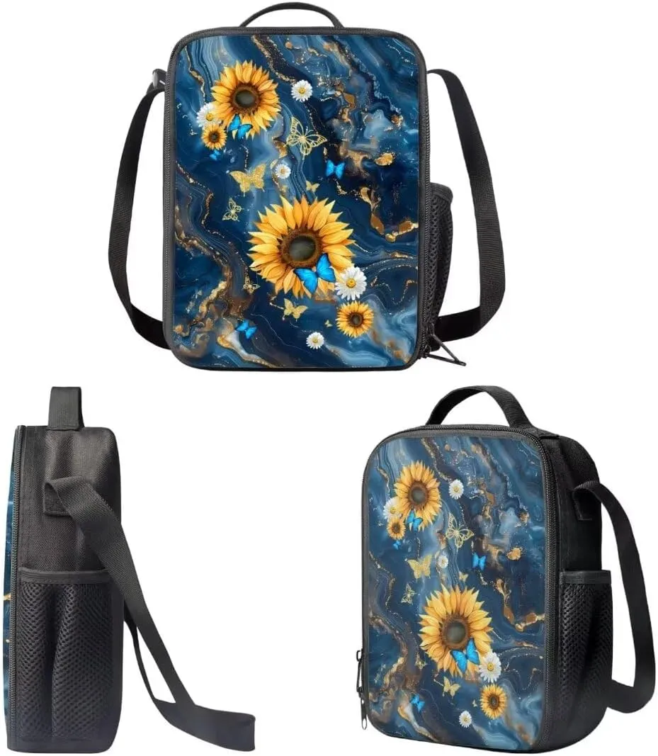 Kids Student Backpack With Lunch Bag And Pencil Case Butterfly Sunflowers Marbling Print Elementary Middle School Book Bag For Boys Girls 3pcs Set