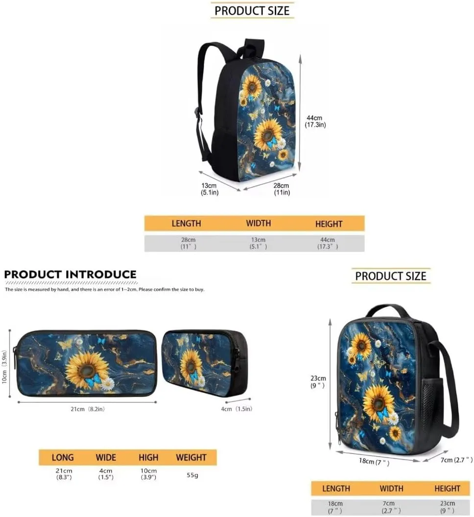 Kids Student Backpack With Lunch Bag And Pencil Case Butterfly Sunflowers Marbling Print Elementary Middle School Book Bag For Boys Girls 3pcs Set