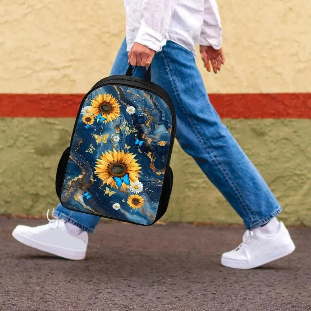 Kids Student Backpack With Lunch Bag And Pencil Case Butterfly Sunflowers Marbling Print Elementary Middle School Book Bag For Boys Girls 3pcs Set