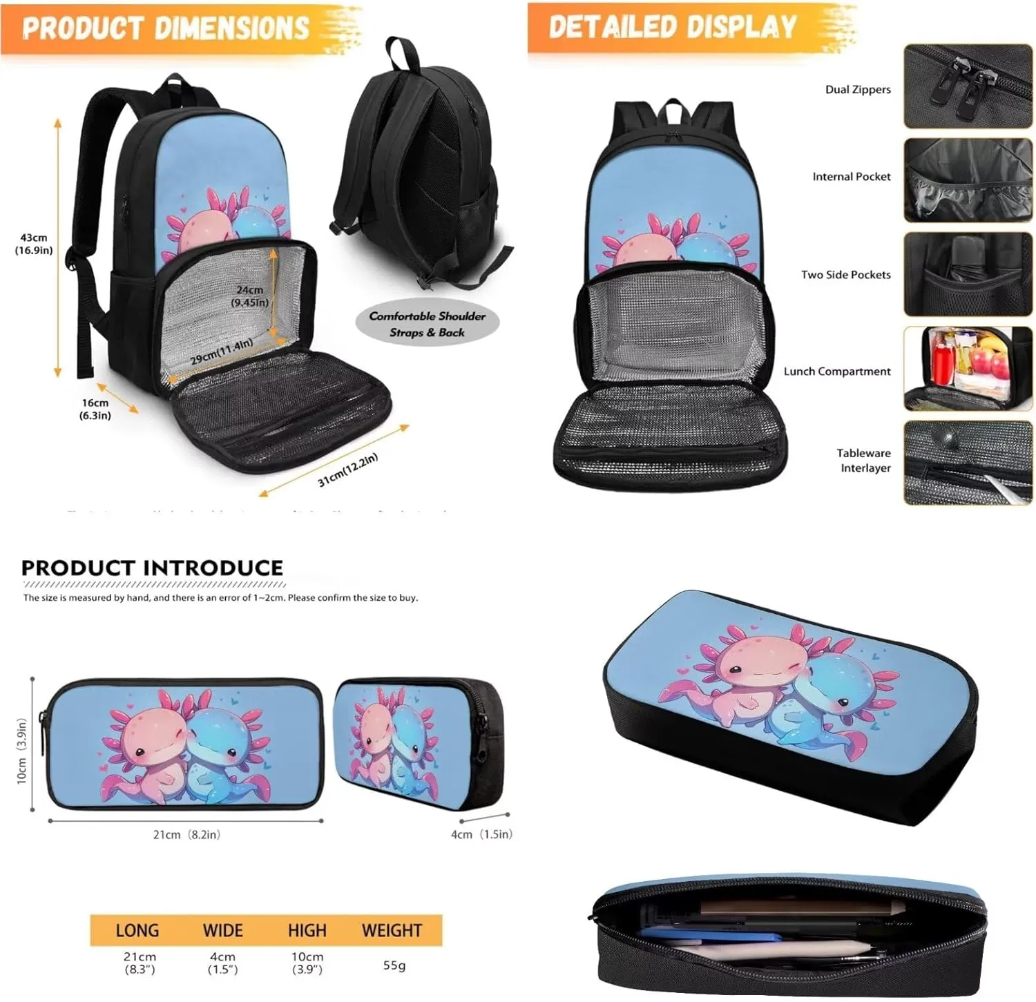 Kids Toddler Backpack for School Bookbag with Lunch Box Compartment Axolotl Backpack for Girls Backpacks Cooler Backpack with Lunch Compartment