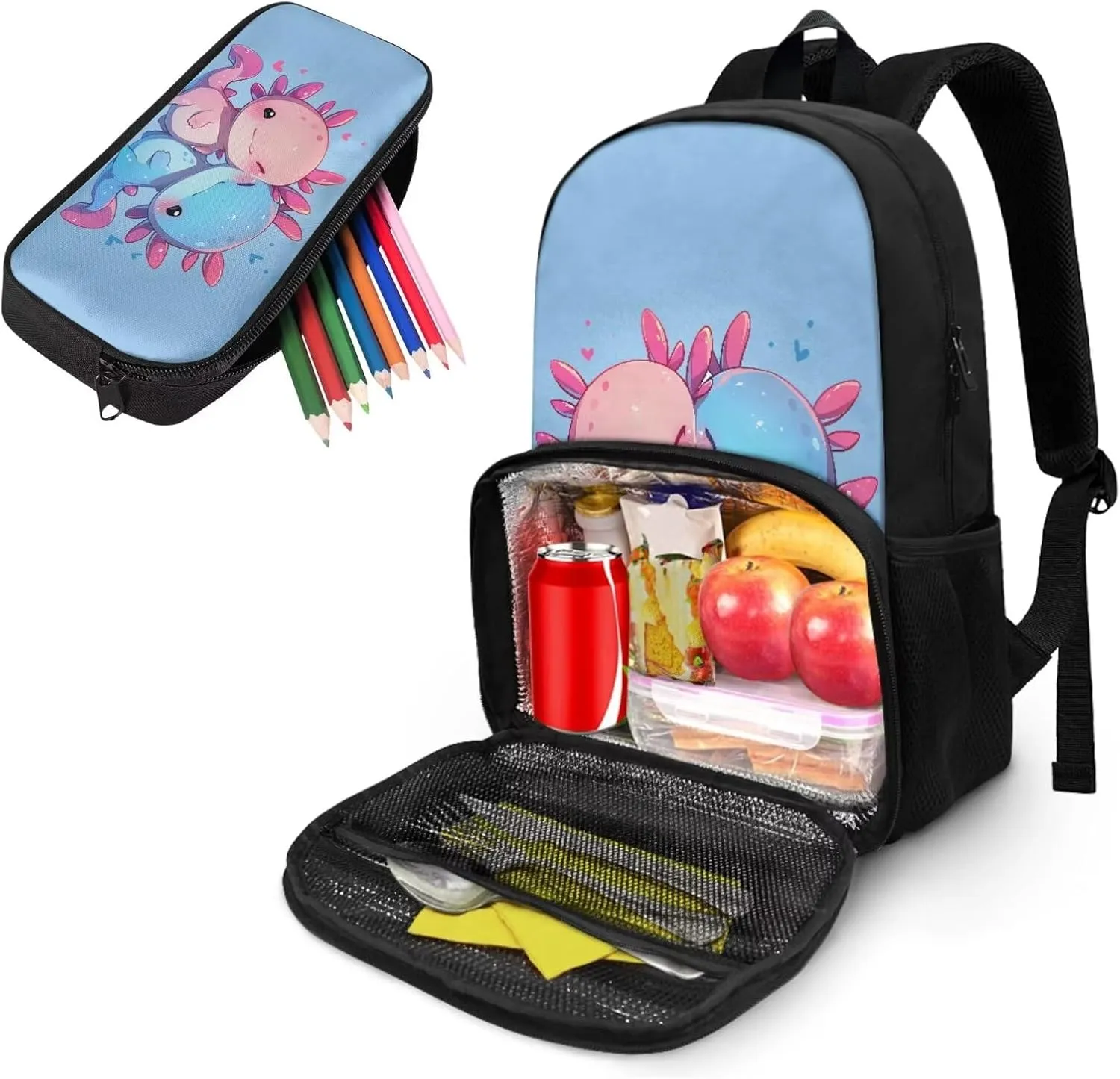 Kids Toddler Backpack for School Bookbag with Lunch Box Compartment Axolotl Backpack for Girls Backpacks Cooler Backpack with Lunch Compartment