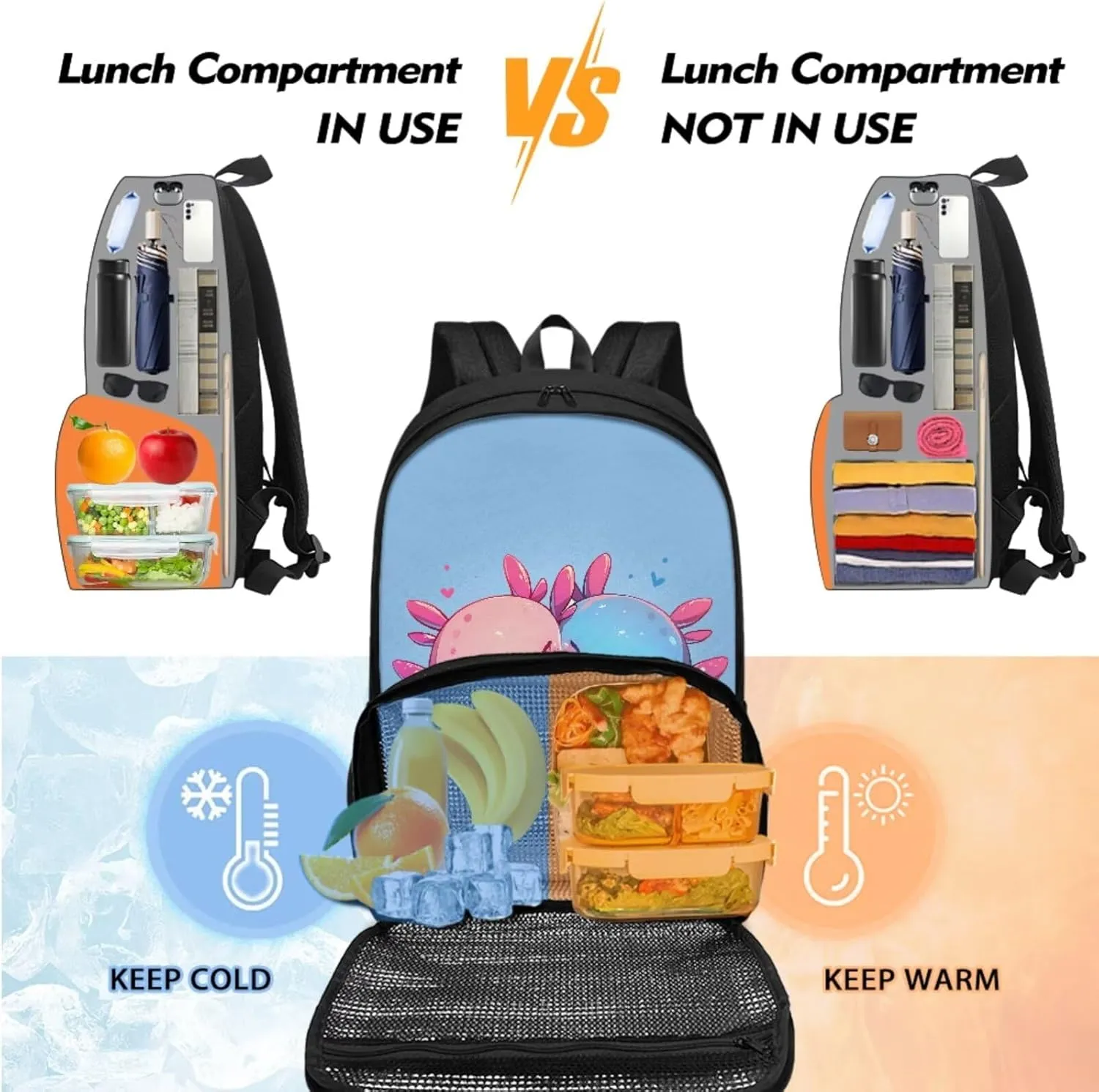 Kids Toddler Backpack for School Bookbag with Lunch Box Compartment Axolotl Backpack for Girls Backpacks Cooler Backpack with Lunch Compartment