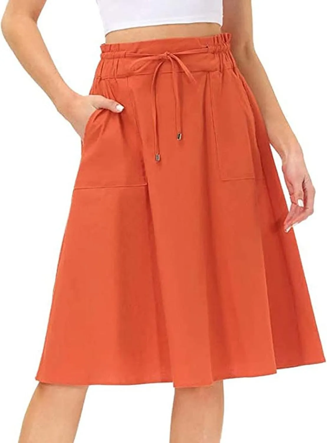 Knee Length Skirts for Women Summer Casual Flowy Drawstring Elastic Waist Pleated A-Line Midi Skirt with Pockets