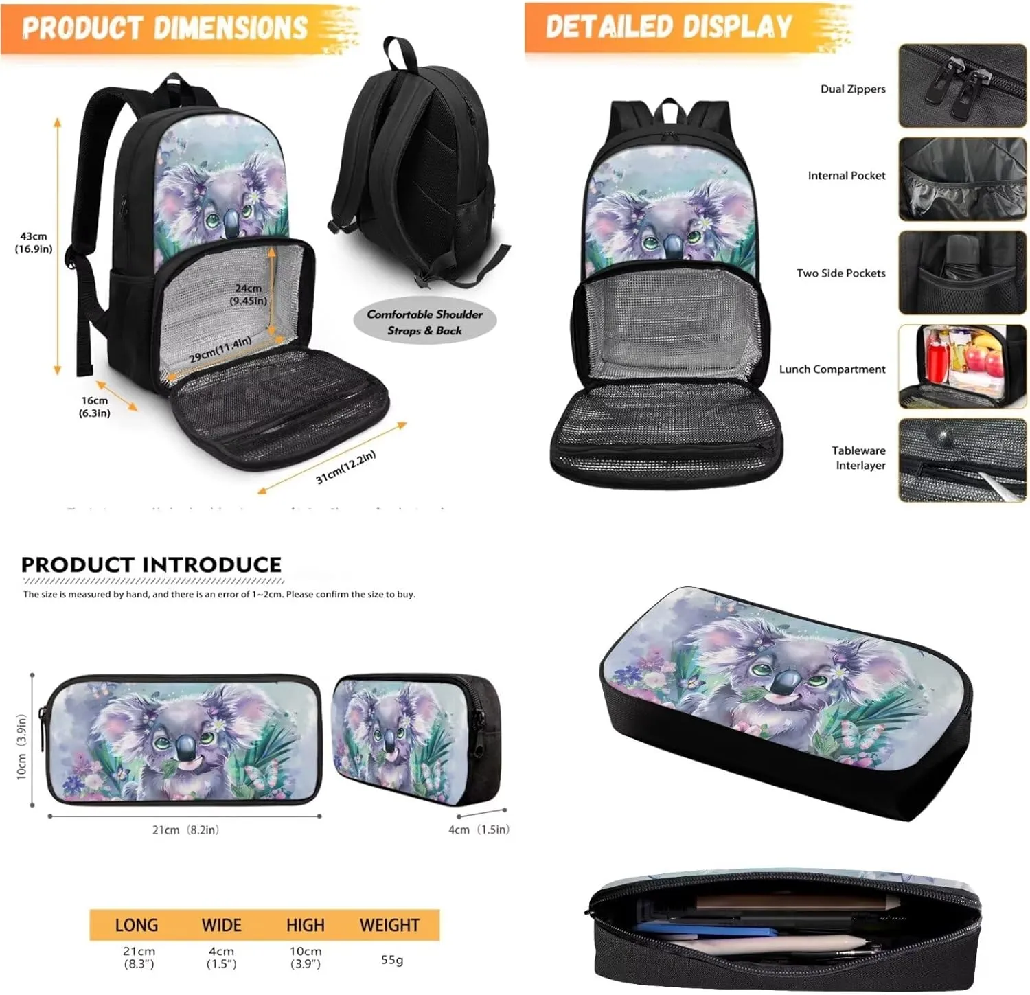 Koala Backpack Kids Pencil Case Insulated Cooler Backpack with Lunch Box for Girls Boys Backpacks for Kindergarten Preschool Elementary