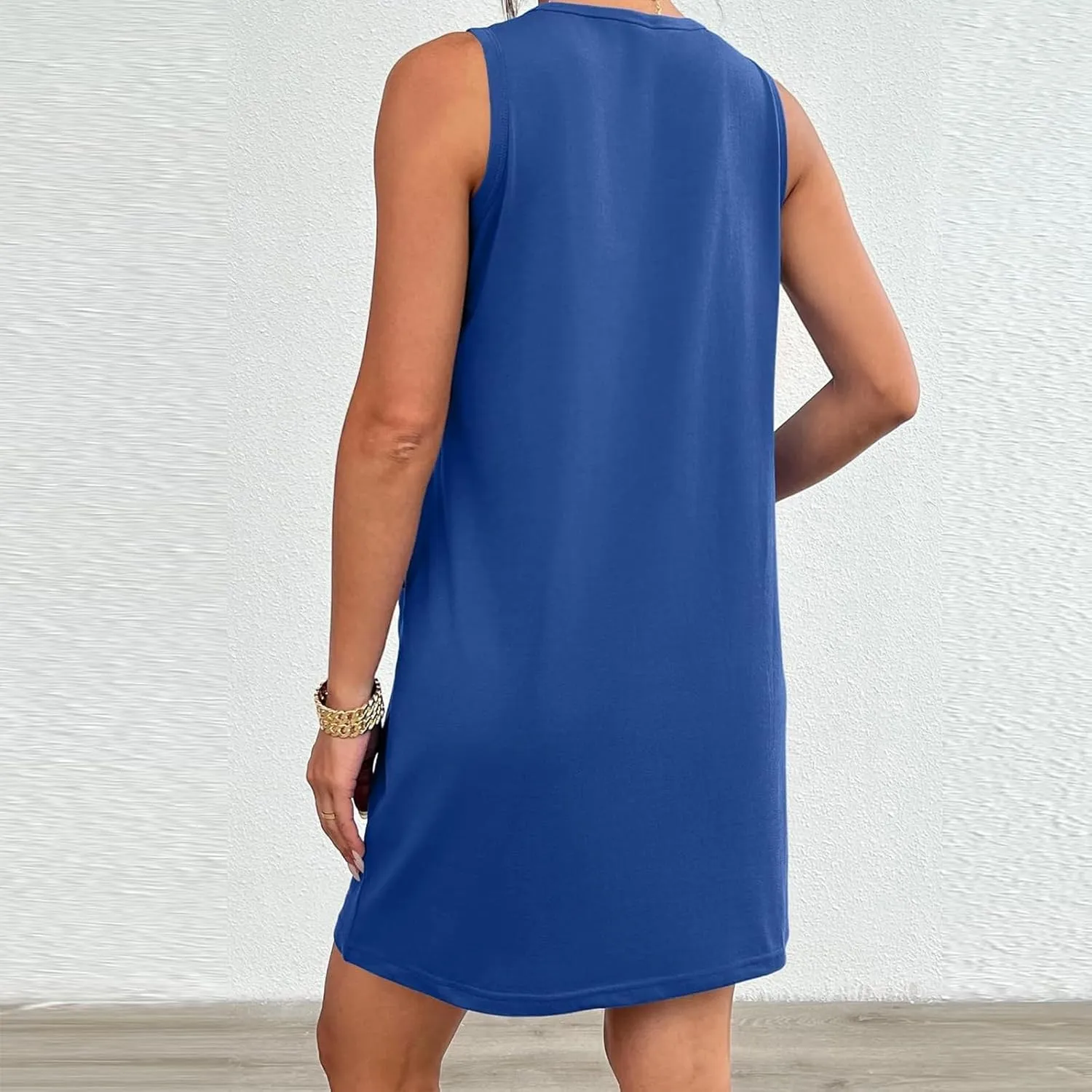 Kubbon Sundress for Women Casual Crewneck Sleeveless Midi Dress Loose Solid Color Tank Dresses with Pocket Vacation Outfits