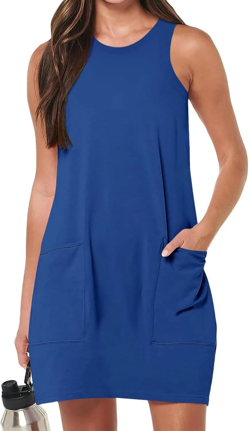 Kubbon Sundress for Women Casual Crewneck Sleeveless Midi Dress Loose Solid Color Tank Dresses with Pocket Vacation Outfits
