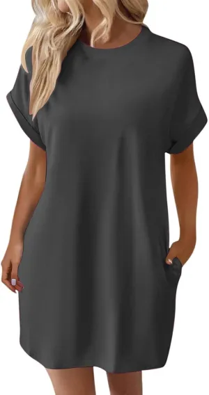 Kubbon Womens Casual Summer T Shirt Dress Crewneck Short Sleeve Mini Dresses Loose Fit Knee Length Beach Short Dresses