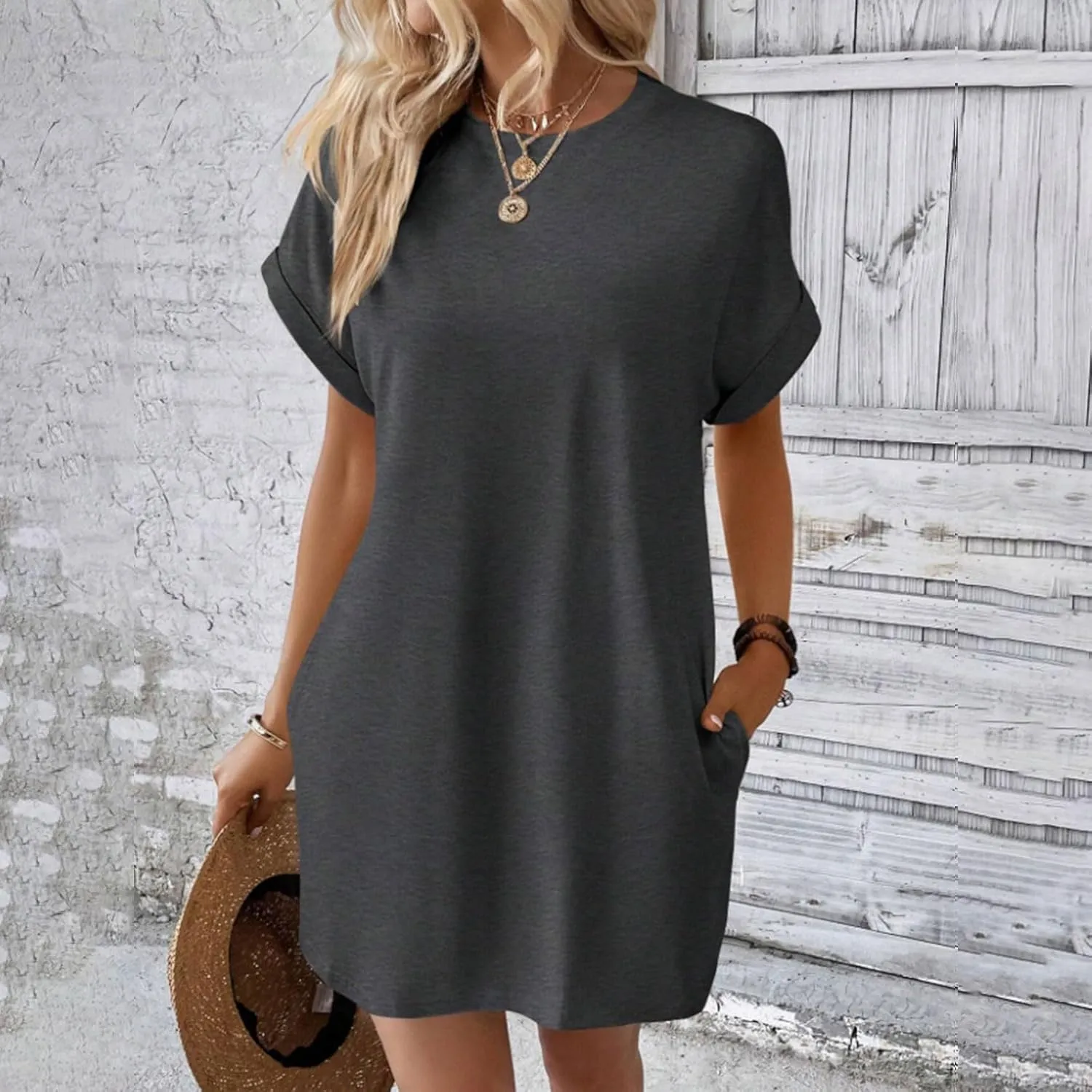 Kubbon Womens Casual Summer T Shirt Dress Crewneck Short Sleeve Mini Dresses Loose Fit Knee Length Beach Short Dresses