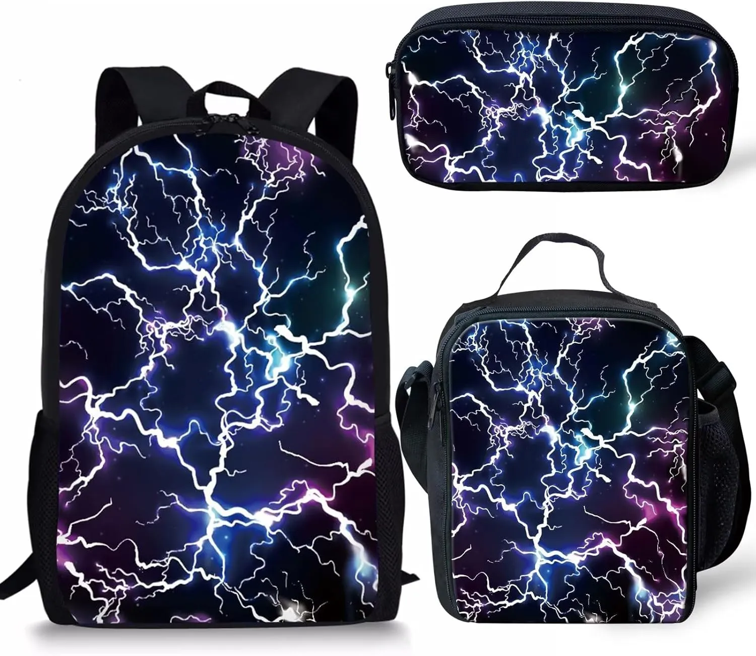 Lightning Backpack for Boys Cool School Bag Elementary Kids Bookbag Lightweight Backpacks with Insulated Lunch Box&Pencil Case,3 In 1