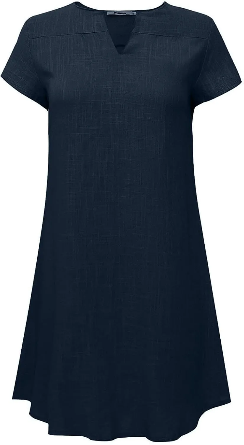 Linen Dress Women Summer Short Sleeve Midi Beach Dress Boho V Neck Casual Loose Flowy Dresses Cruise Vacation Outfits