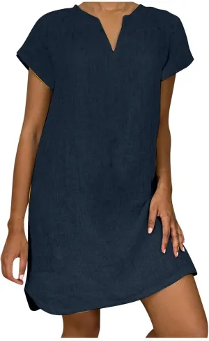 Linen Dress Women Summer Short Sleeve Midi Beach Dress Boho V Neck Casual Loose Flowy Dresses Cruise Vacation Outfits