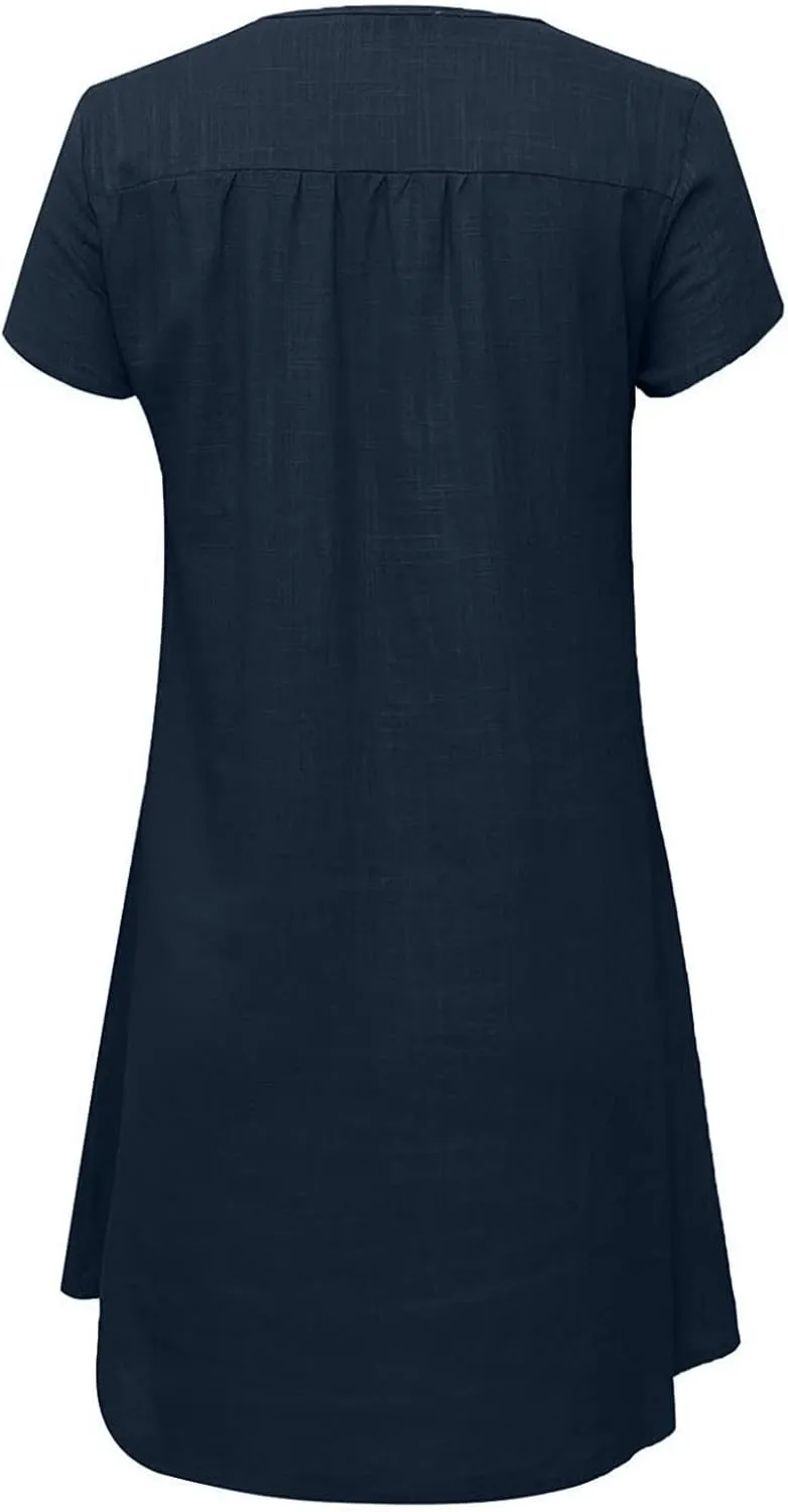 Linen Dress Women Summer Short Sleeve Midi Beach Dress Boho V Neck Casual Loose Flowy Dresses Cruise Vacation Outfits