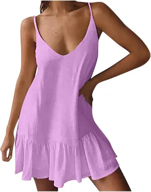 Linen Dresses for Women 2024 Casual Plus Size V Neck Solid Color Slip Dress Trendy Summer Vacation Flowy Dress