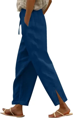 Linen Pants for Women 2025 Summer High Waist Elastic Straight Leg Lounge Pant Casual Loose Lightweight Beach Trousers