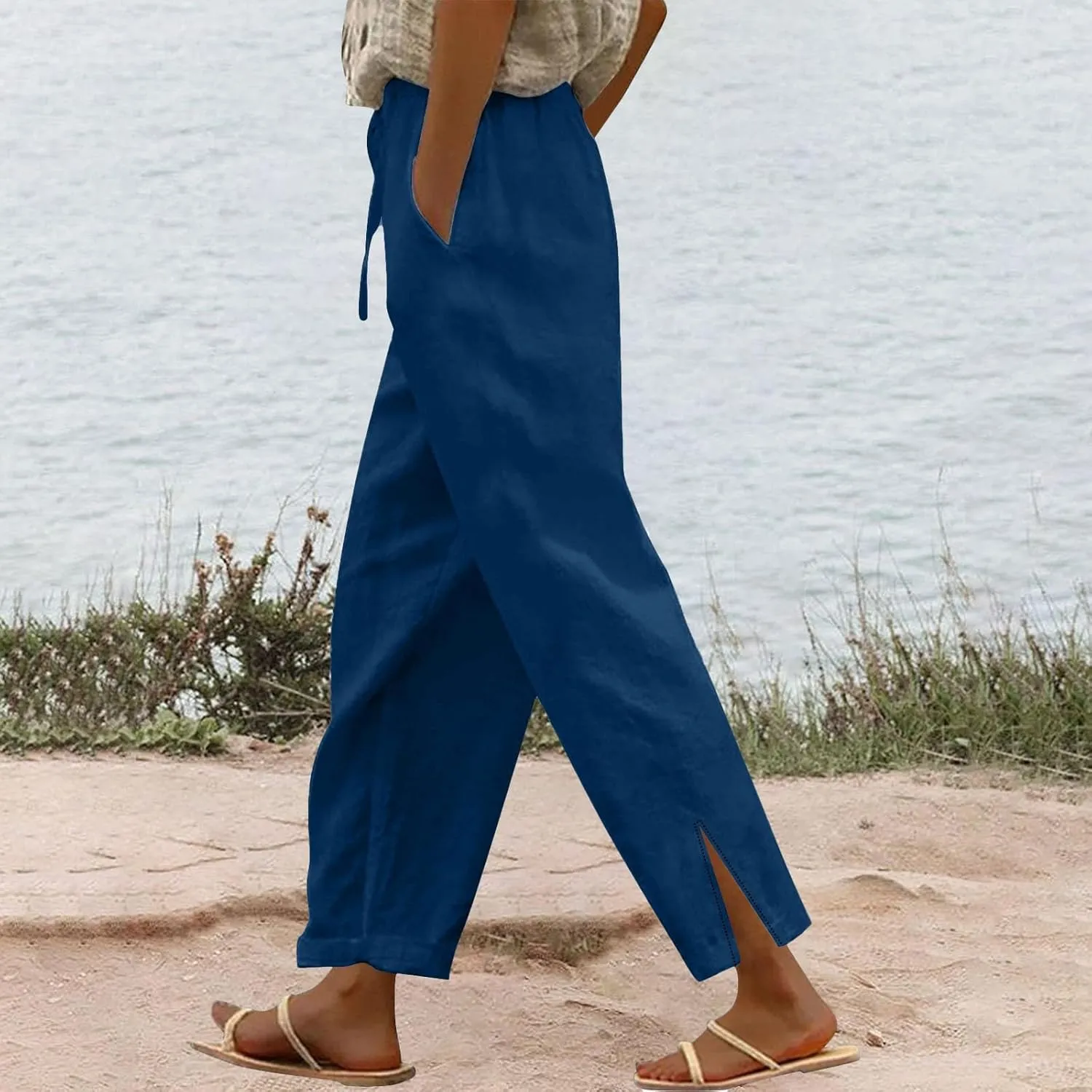 Linen Pants for Women 2025 Summer High Waist Elastic Straight Leg Lounge Pant Casual Loose Lightweight Beach Trousers