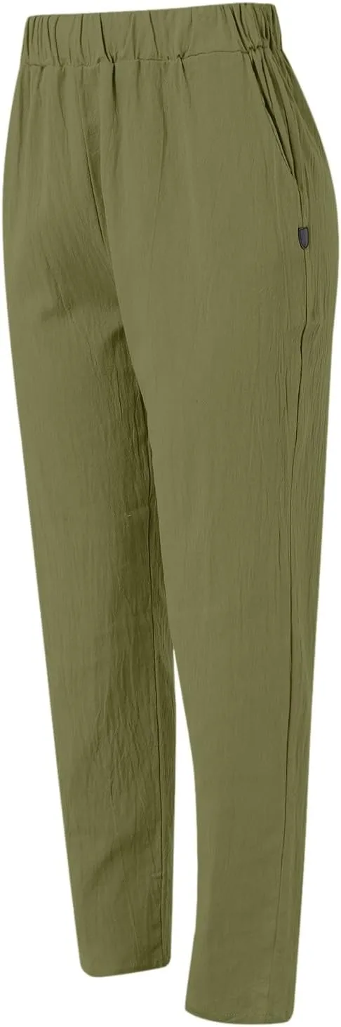 Linen Pants for Women Trendy Elastic Wasit Casual Wide Leg Trousers Ladies Beach Pants with Pockets Summer Clothes