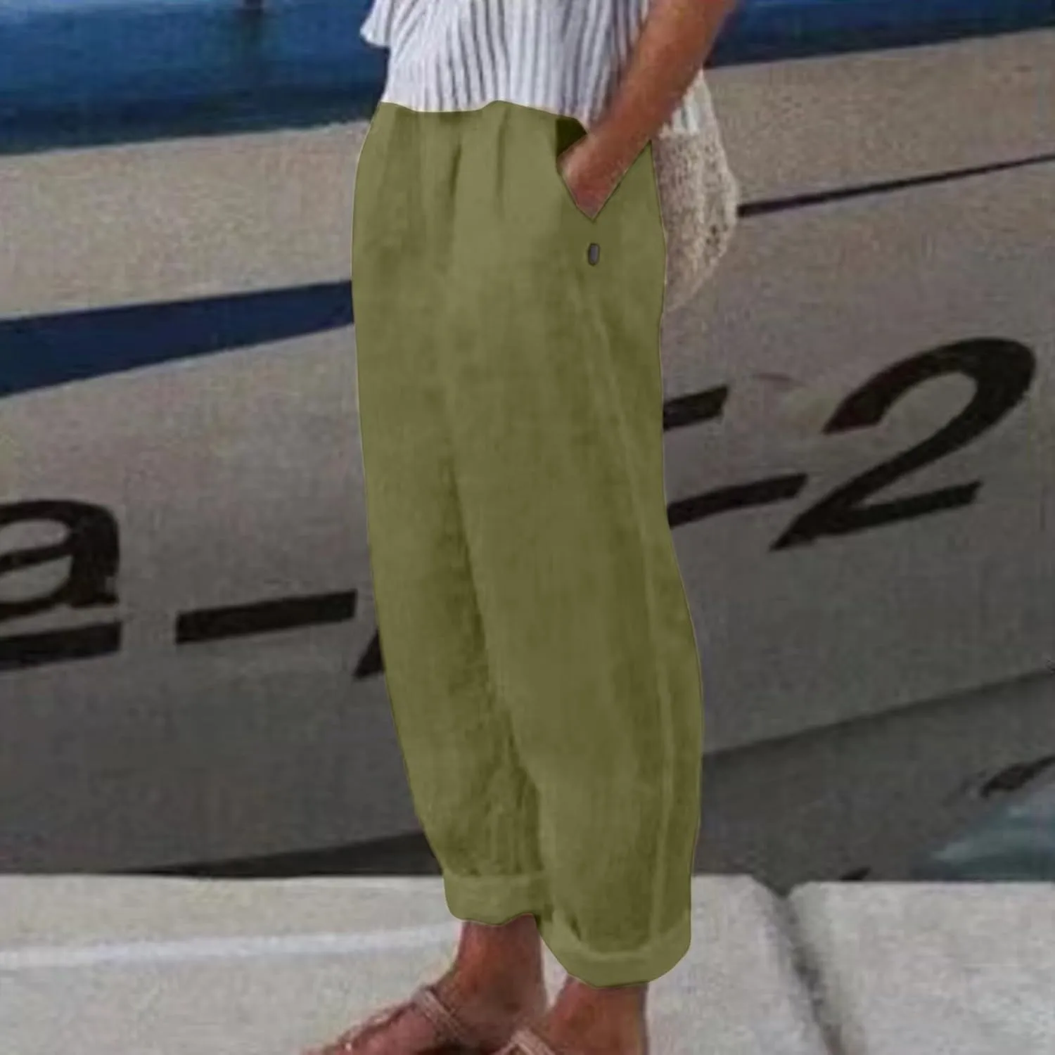 Linen Pants for Women Trendy Elastic Wasit Casual Wide Leg Trousers Ladies Beach Pants with Pockets Summer Clothes