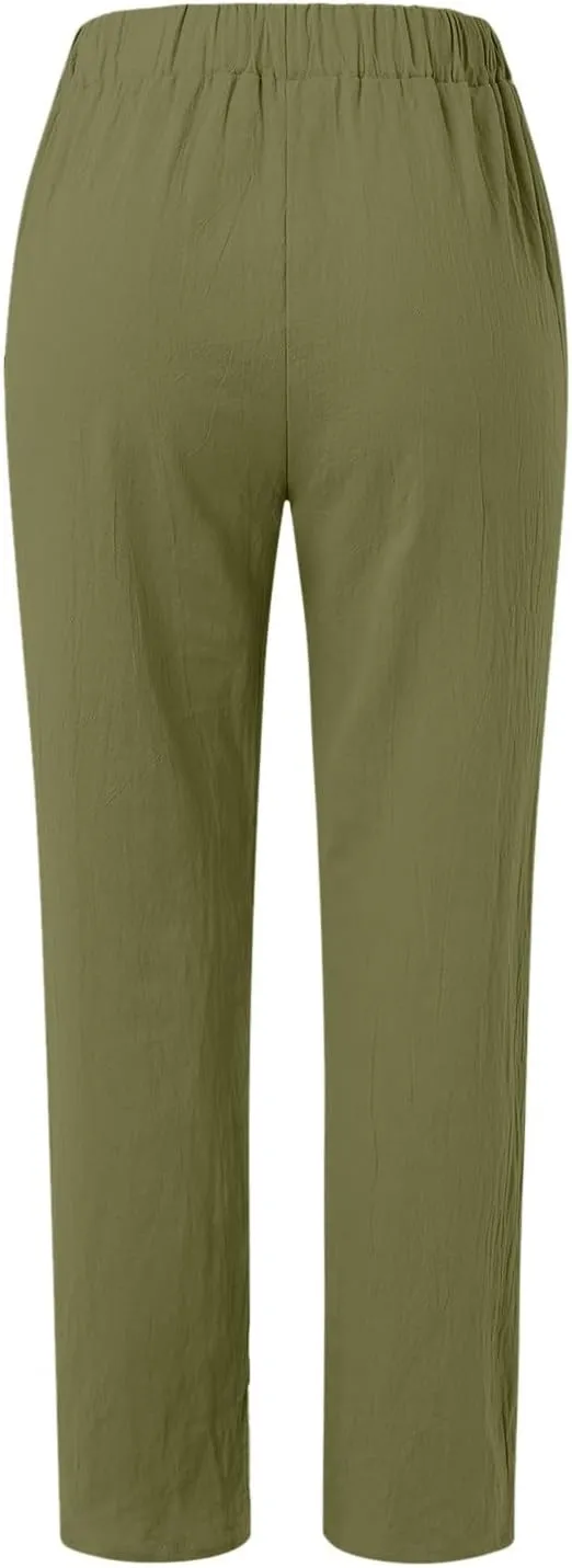 Linen Pants for Women Trendy Elastic Wasit Casual Wide Leg Trousers Ladies Beach Pants with Pockets Summer Clothes