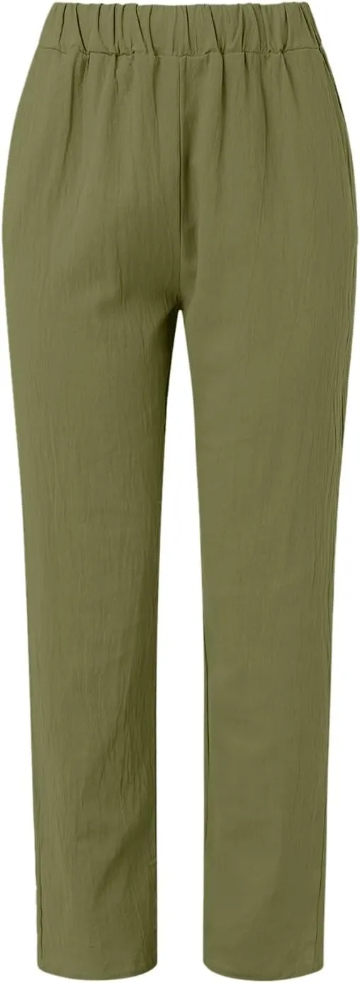 Linen Pants for Women Trendy Elastic Wasit Casual Wide Leg Trousers Ladies Beach Pants with Pockets Summer Clothes