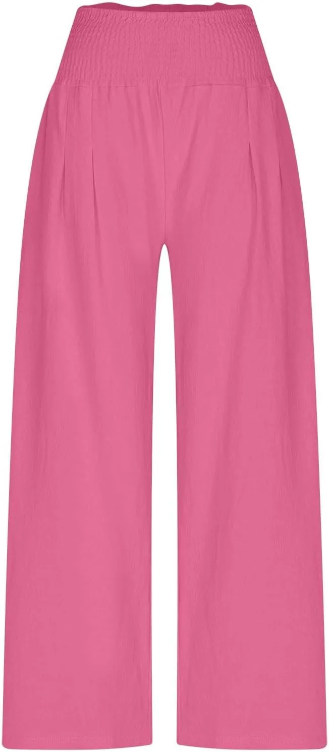 Linen Pants Women Trendy Ruffle Elastic High Wasit Palazzo Pants Dressy Casual Summer Wide Leg Trousers with Pockets