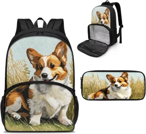 Little Boys Backpack with Lunch Box Compartment and Pencil Case Set Corgi Dog Backpack for School Bags for Boys Teen 6-15 Age,School Daypack Insulate Lunchbags Pen Holder
