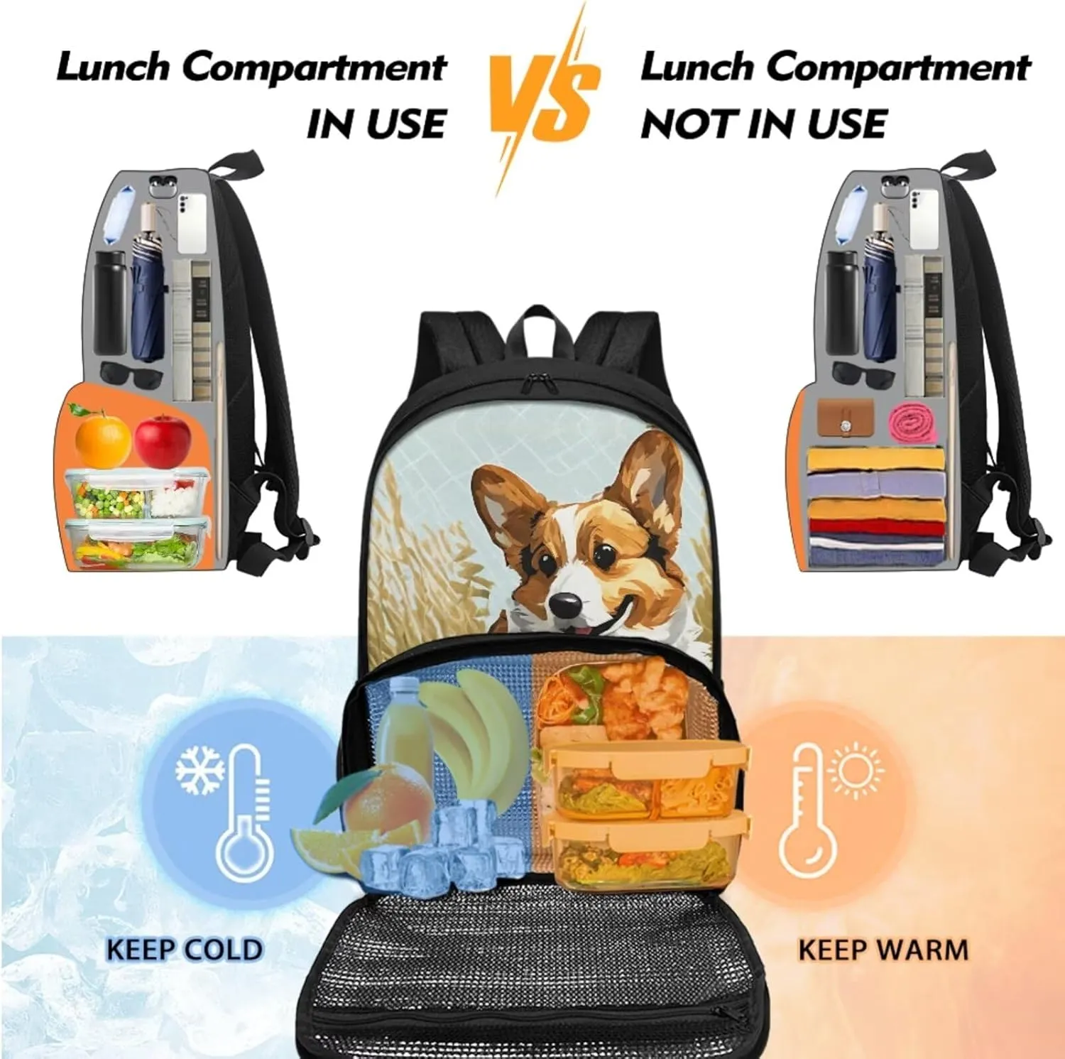 Little Boys Backpack with Lunch Box Compartment and Pencil Case Set Corgi Dog Backpack for School Bags for Boys Teen 6-15 Age,School Daypack Insulate Lunchbags Pen Holder