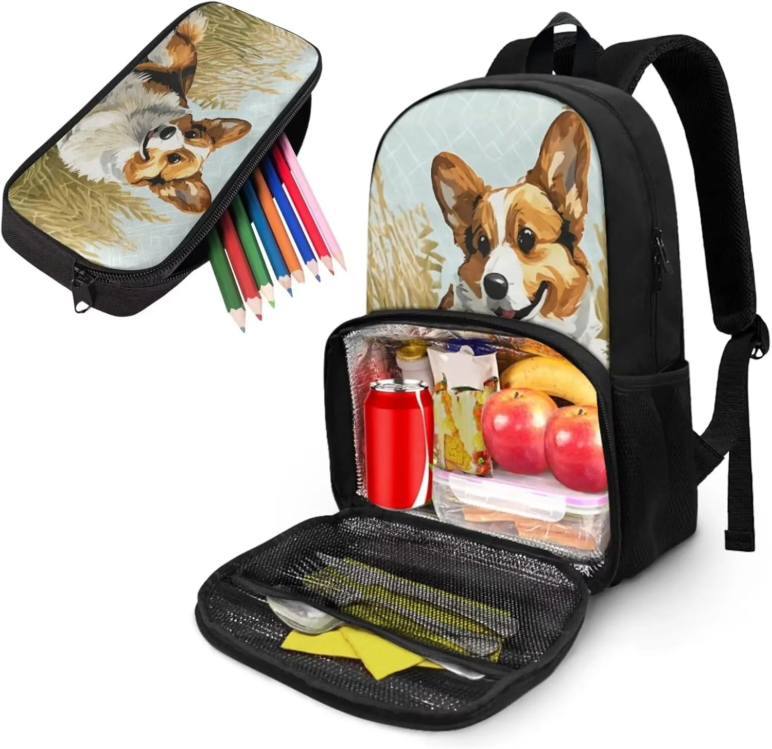 Little Boys Backpack with Lunch Box Compartment and Pencil Case Set Corgi Dog Backpack for School Bags for Boys Teen 6-15 Age,School Daypack Insulate Lunchbags Pen Holder