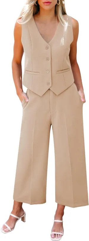 LookbookStore Pant Suits for Women Dressy Two Piece Business Casual Outfits Sleeveless Blazer Summer Vest and Pants Sets