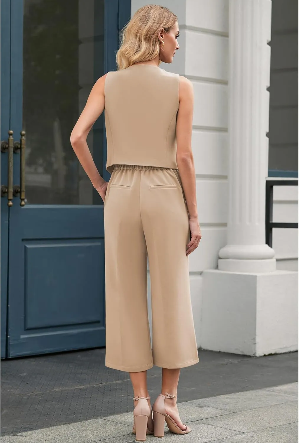 LookbookStore Pant Suits for Women Dressy Two Piece Business Casual Outfits Sleeveless Blazer Summer Vest and Pants Sets