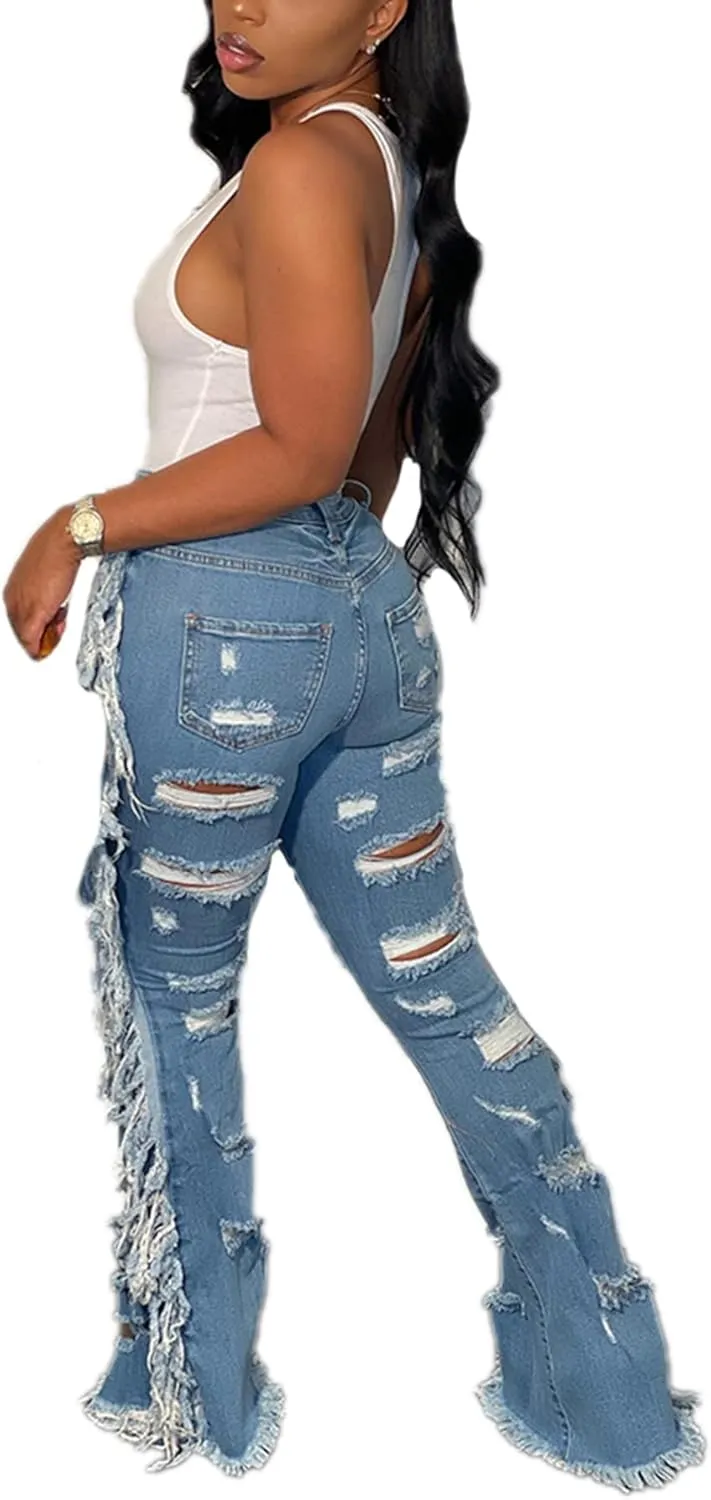 Lucuna Women's High Waisted Ripped Jeans Cut Out Destroyed Frayed Tassels Distressed Denim Pants
