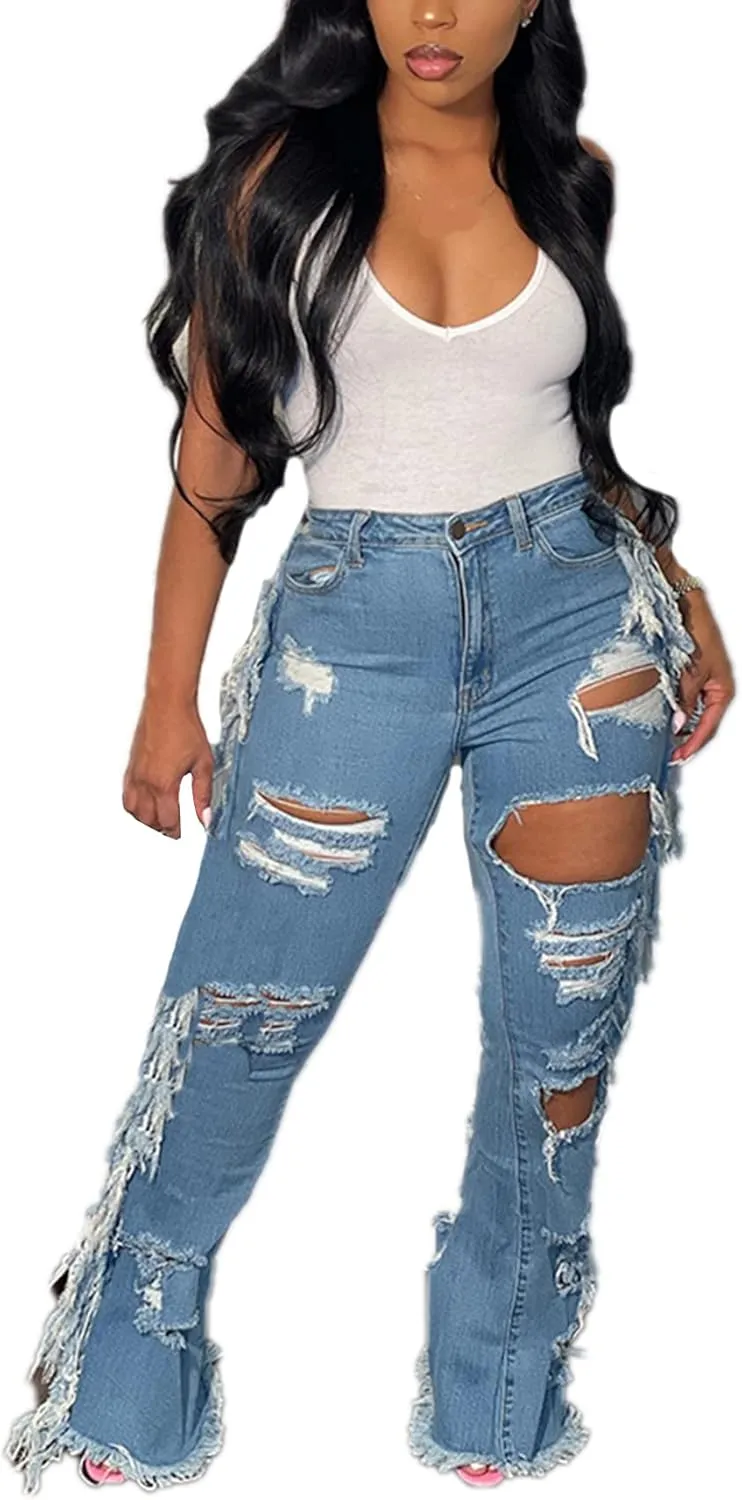 Lucuna Women's High Waisted Ripped Jeans Cut Out Destroyed Frayed Tassels Distressed Denim Pants