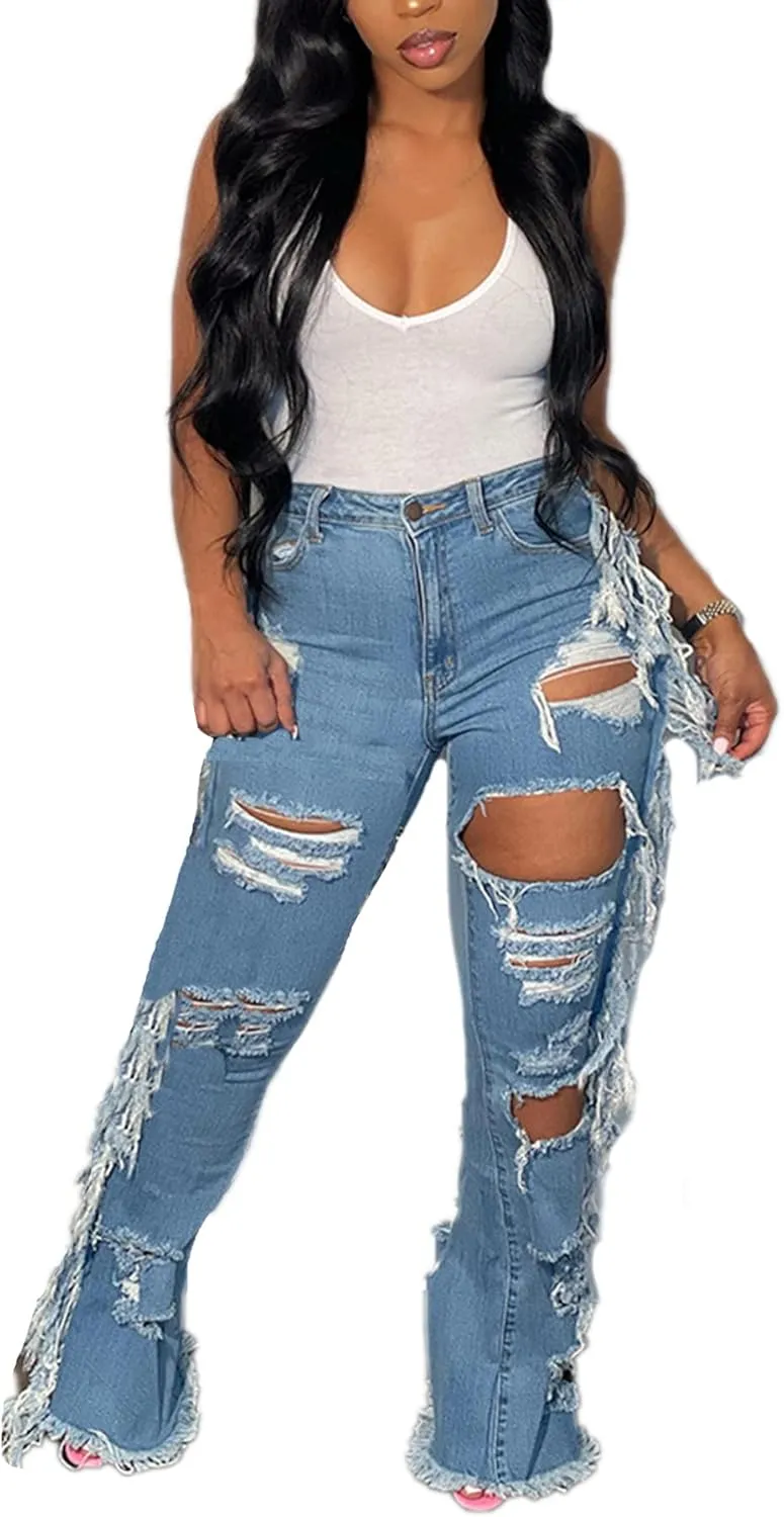 Lucuna Women's High Waisted Ripped Jeans Cut Out Destroyed Frayed Tassels Distressed Denim Pants