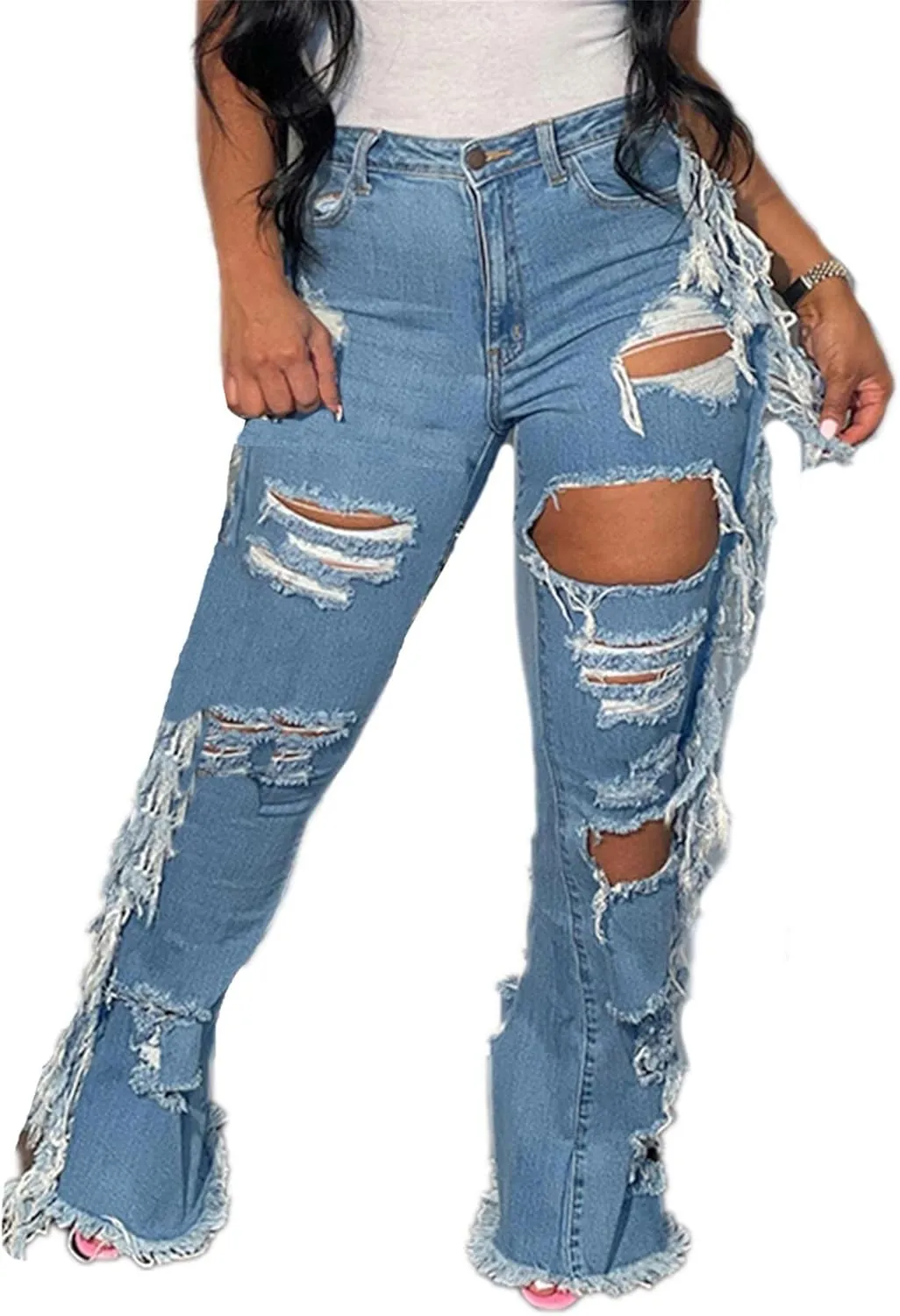 Lucuna Women's High Waisted Ripped Jeans Cut Out Destroyed Frayed Tassels Distressed Denim Pants