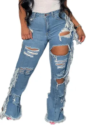 Lucuna Women's High Waisted Ripped Jeans Cut Out Destroyed Frayed Tassels Distressed Denim Pants