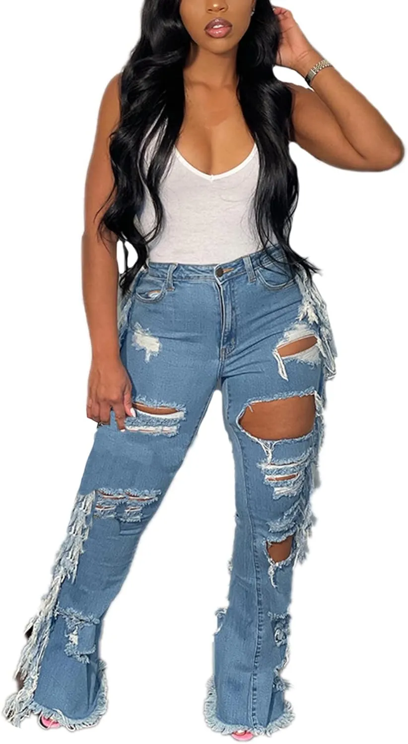 Lucuna Women's High Waisted Ripped Jeans Cut Out Destroyed Frayed Tassels Distressed Denim Pants