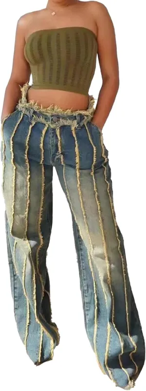 Lucuna Women's Splicing Tassel Y2K High Waist Loose Jeans Street Hot Girl Y2K Retro Fashion Cowboy Pants