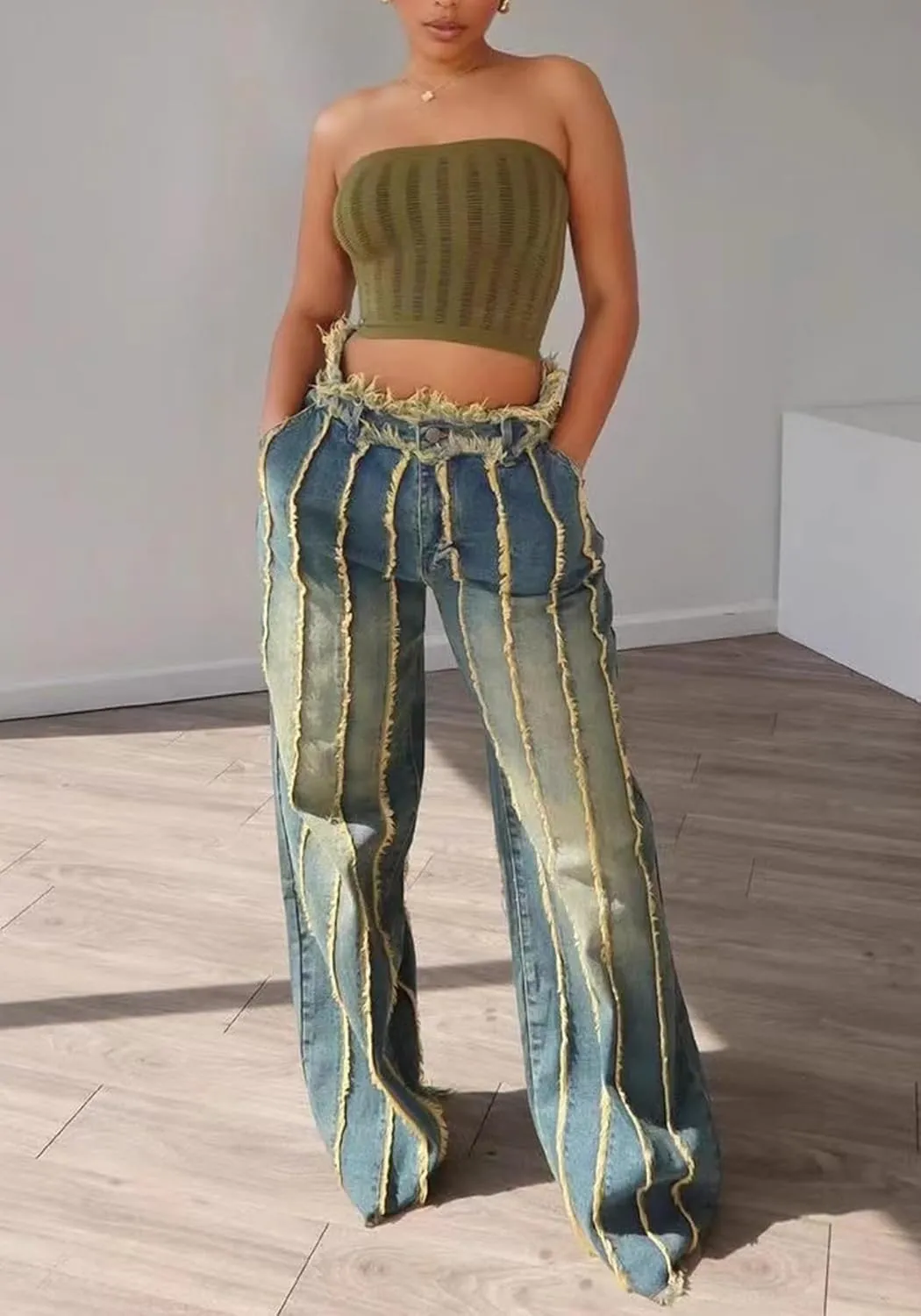 Lucuna Women's Splicing Tassel Y2K High Waist Loose Jeans Street Hot Girl Y2K Retro Fashion Cowboy Pants