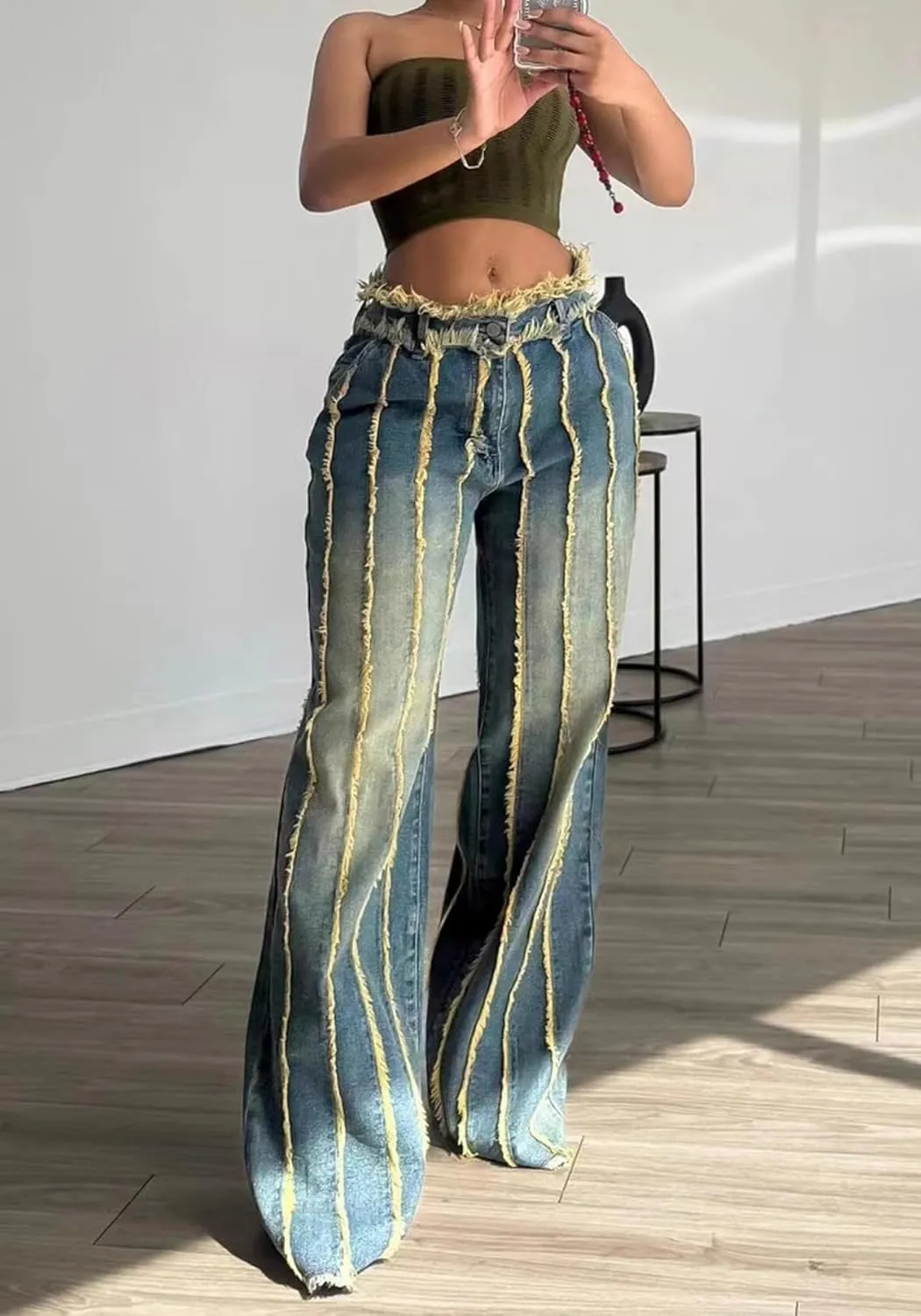 Lucuna Women's Splicing Tassel Y2K High Waist Loose Jeans Street Hot Girl Y2K Retro Fashion Cowboy Pants