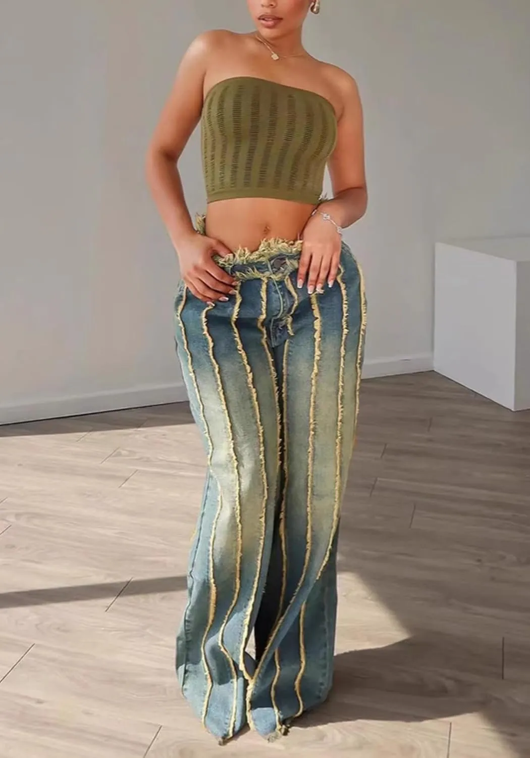 Lucuna Women's Splicing Tassel Y2K High Waist Loose Jeans Street Hot Girl Y2K Retro Fashion Cowboy Pants