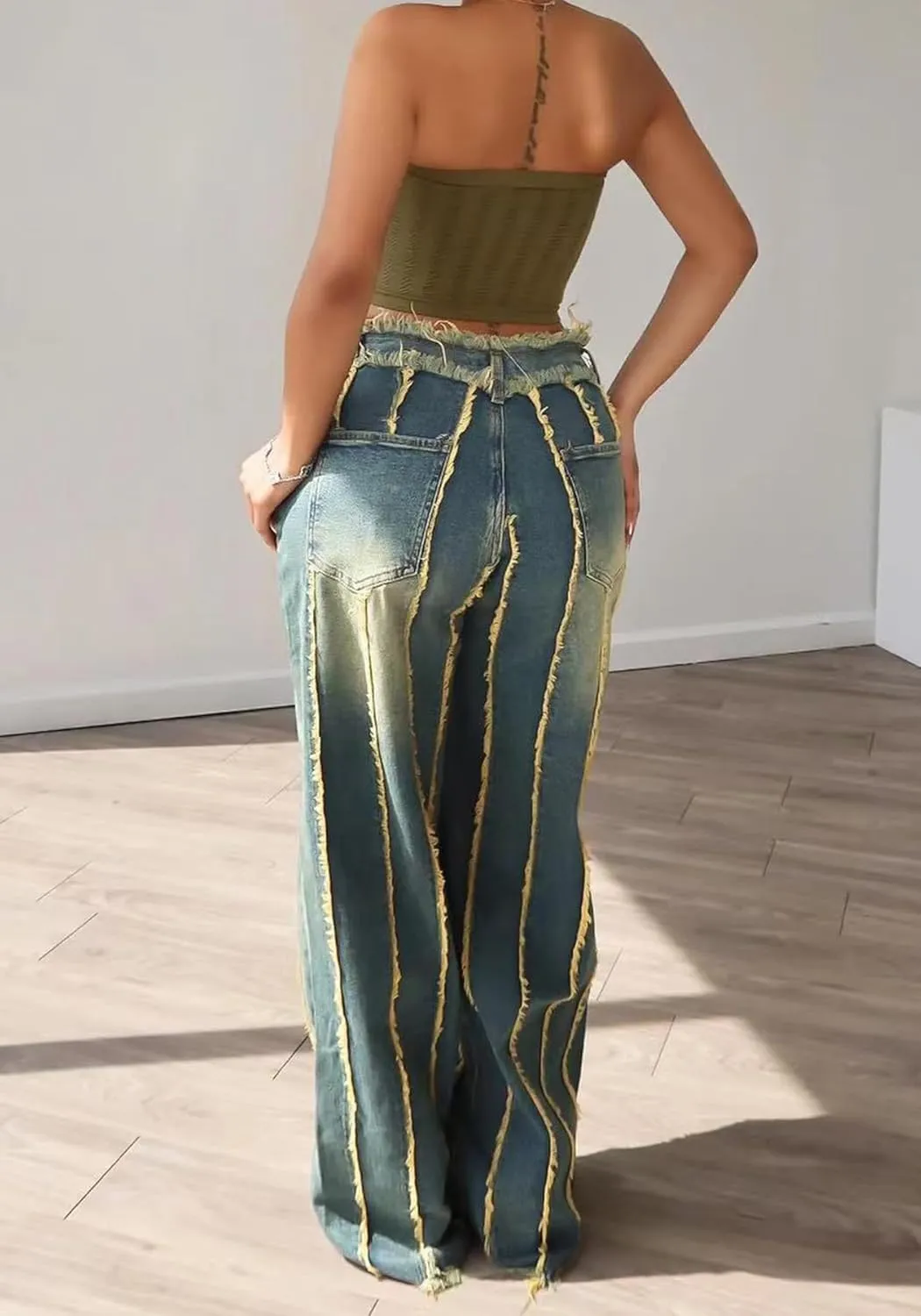 Lucuna Women's Splicing Tassel Y2K High Waist Loose Jeans Street Hot Girl Y2K Retro Fashion Cowboy Pants