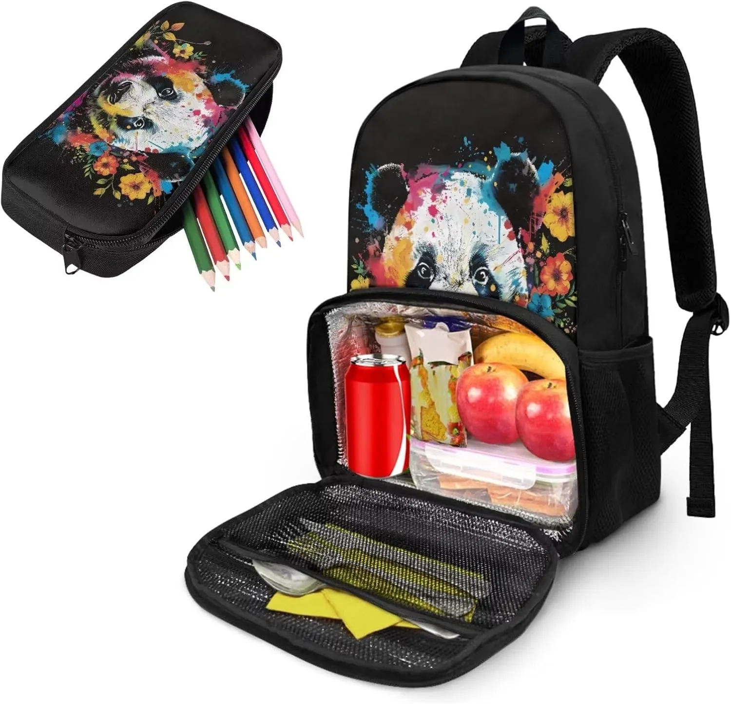 Lunch Backpack Cooler Backpacks Panda Backpack for School Rucksack Set with Pencil Pouch,2 Pack Kids Schoolbags Backpack Set Kids Boys Girls Casual Daypack