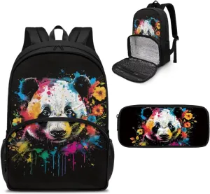 Lunch Backpack Cooler Backpacks Panda Backpack for School Rucksack Set with Pencil Pouch,2 Pack Kids Schoolbags Backpack Set Kids Boys Girls Casual Daypack