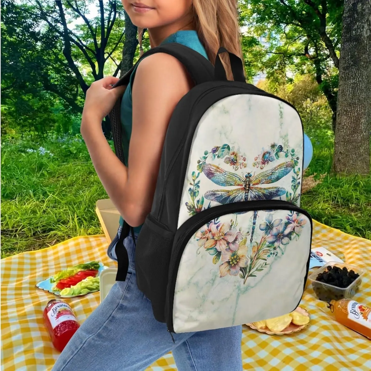 Lunch Backpack for Girls Book Bag Insulated Cooler Lunch Box Dragonfly Backpack Leak-proof Lunch Bag, College Computer Bookbag for College High Middle School Work Picnic Beach