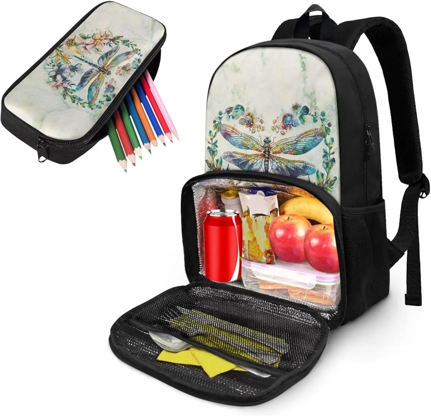 Lunch Backpack for Girls Book Bag Insulated Cooler Lunch Box Dragonfly Backpack Leak-proof Lunch Bag, College Computer Bookbag for College High Middle School Work Picnic Beach