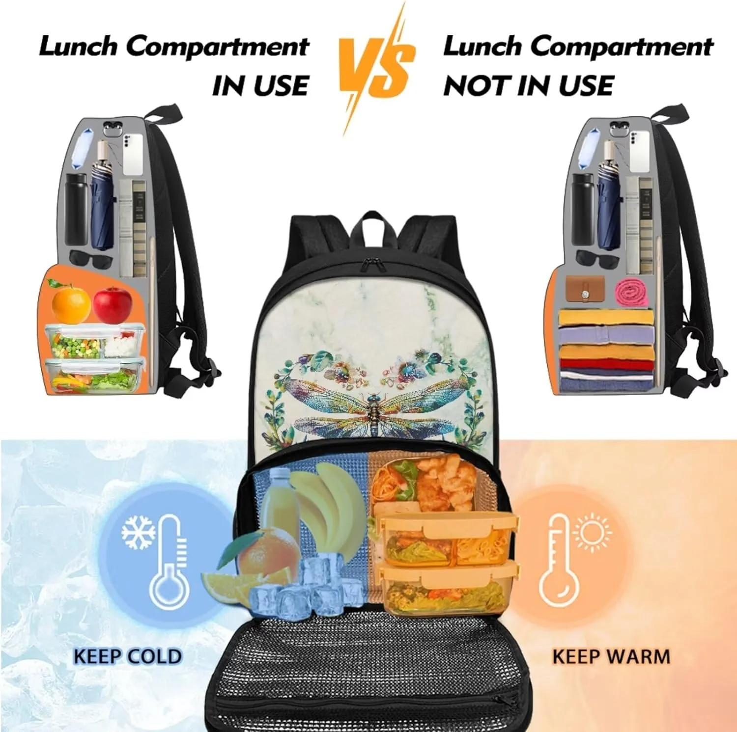 Lunch Backpack for Girls Book Bag Insulated Cooler Lunch Box Dragonfly Backpack Leak-proof Lunch Bag, College Computer Bookbag for College High Middle School Work Picnic Beach