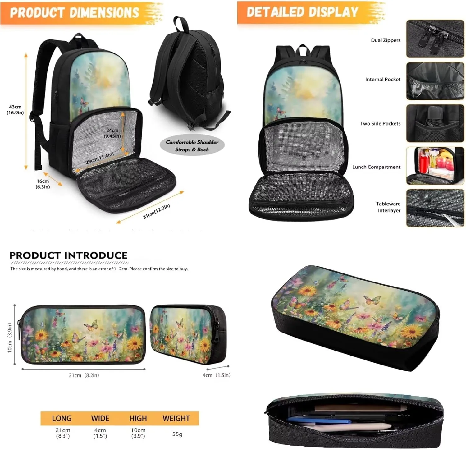 Lunch Backpack for Girls Bookbag with Pencil Case 2 in 1 Set, Sunflower Butterfly Backpack for Middle School Bookbag with Meal Containers