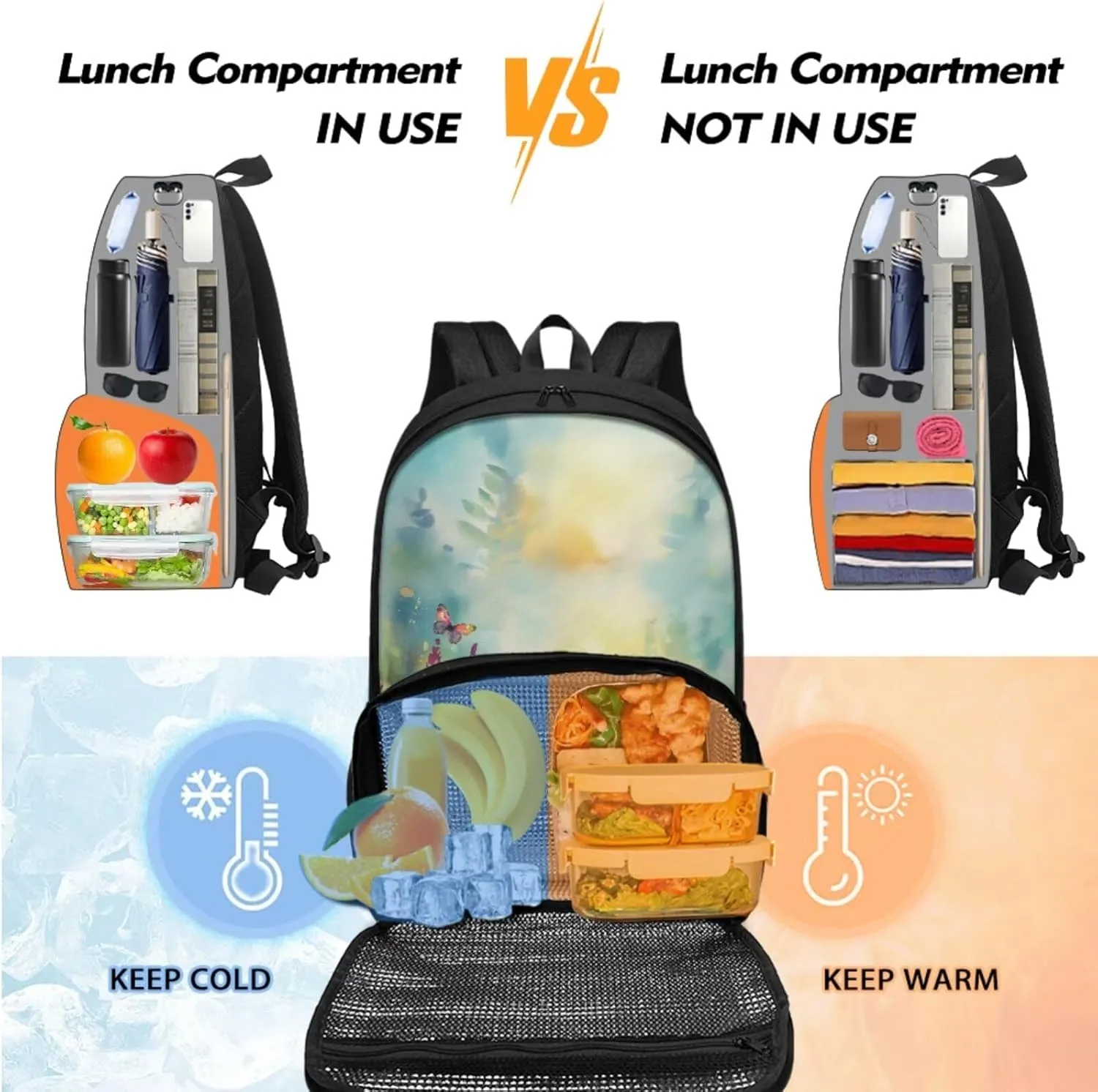 Lunch Backpack for Girls Bookbag with Pencil Case 2 in 1 Set, Sunflower Butterfly Backpack for Middle School Bookbag with Meal Containers