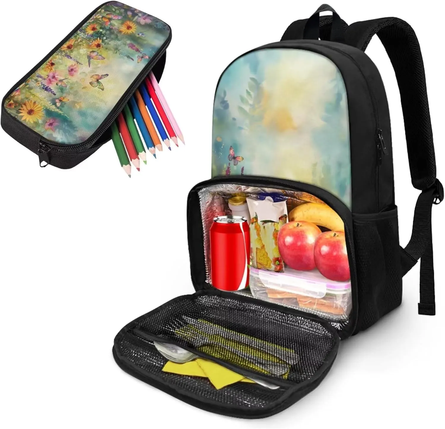 Lunch Backpack for Girls Bookbag with Pencil Case 2 in 1 Set, Sunflower Butterfly Backpack for Middle School Bookbag with Meal Containers
