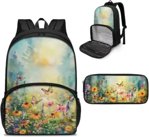 Lunch Backpack for Girls Bookbag with Pencil Case 2 in 1 Set, Sunflower Butterfly Backpack for Middle School Bookbag with Meal Containers