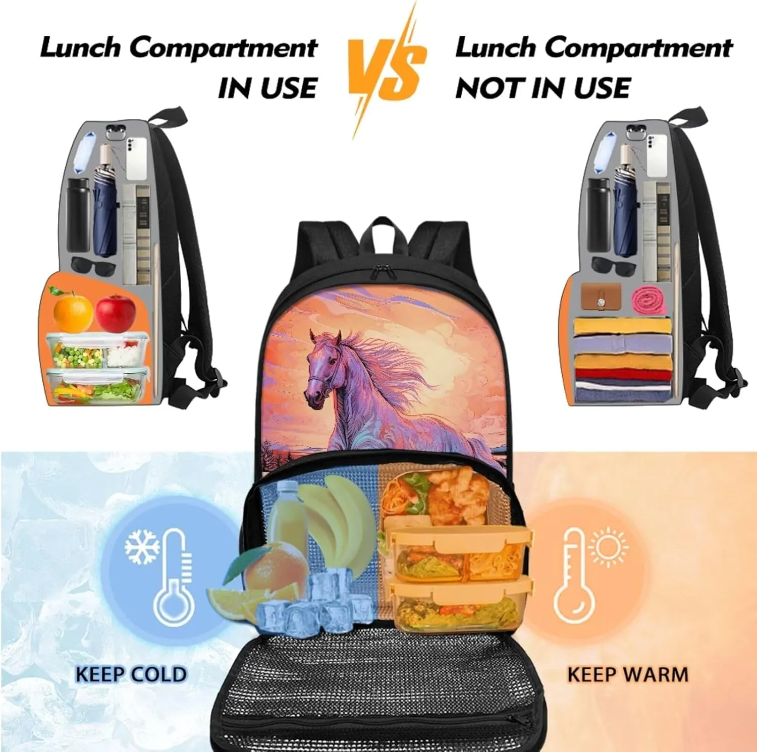 Lunch Backpack for School Girls Pencil Case Boys Backpacks with Adjustable Shoulder Straps for College High Middle School Students Teens Children Bookbag Set, Horse Print